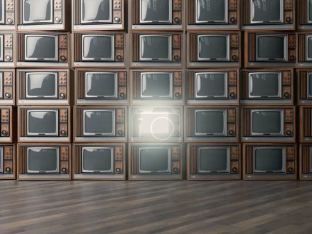Photo for A stacked wall of old vintage tube televisions with wood trim and chrome dials with one turned on emitting light - 3D render - Royalty Free Image