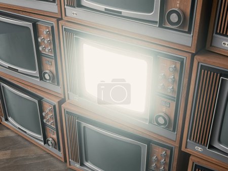 Photo for A stacked wall of old vintage tube televisions with wood trim and chrome dials with one turned on emitting light - 3D render - Royalty Free Image