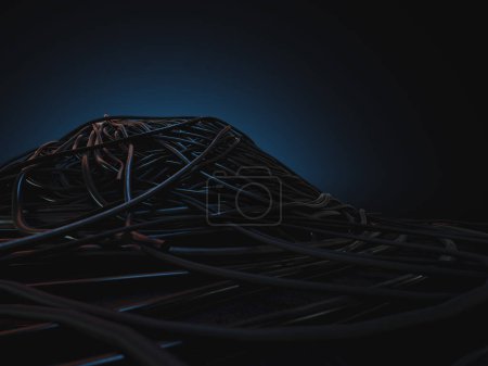 Photo for A jumbled huge pile of black electrical cables creating a stage on a dark omnious background - 3D render - Royalty Free Image