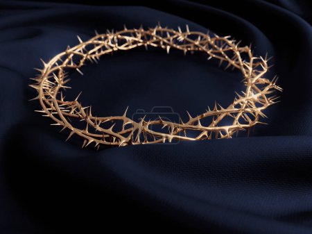 Foto de Una tela envuelta y girada alrededor de una fundición de oro de ramas de espinas tejidas en la corona de crucifixión de espinas - 3D render - Imagen libre de derechos