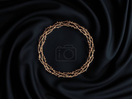 Téléchargez les photos : Un tissu drapé et torsadé autour d'une coulée d'or de branches d'épines tissées dans la couronne d'épines crucifixion - rendu 3D - en image libre de droit