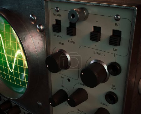 Téléchargez les photos : A vintage classic oscilloscope machine on an isolated dark background - 3D render - en image libre de droit