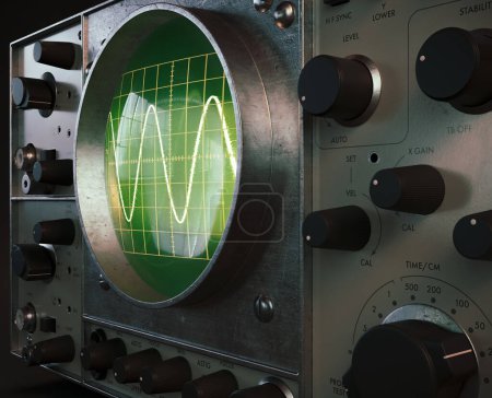 Téléchargez les photos : A vintage classic oscilloscope machine on an isolated dark background - 3D render - en image libre de droit