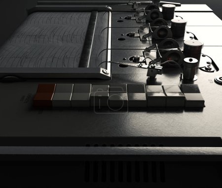 Téléchargez les photos : A russian polygraph lie detector machine drawing lines on graph paper on a dark moody studio background - 3D render - en image libre de droit