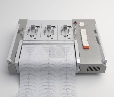 Téléchargez les photos : A russian polygraph lie detector machine drawing lines on graph paper on a studio background - 3D render - en image libre de droit