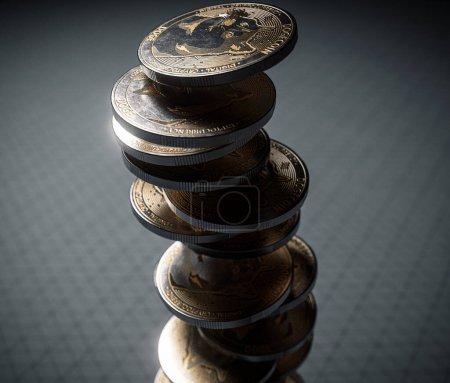 Photo for A fallen stack of gold physical dogecoin coins on line paper on a dark background - 3D render - Royalty Free Image