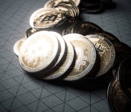 Photo for A fallen stack of gold physical bitcoin coins on line paper on a dark background - 3D render - Royalty Free Image