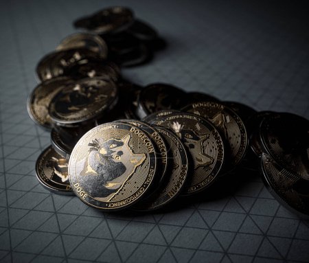 A fallen stack of gold physical dogecoin coins on line paper on a dark background - 3D render