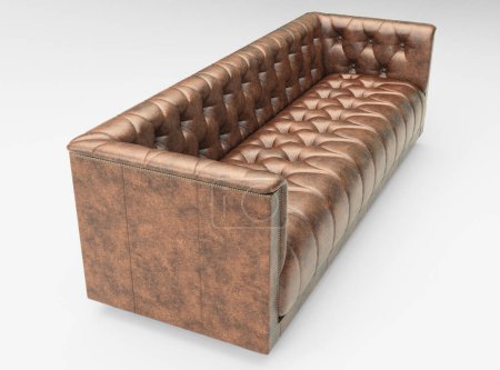 Téléchargez les photos : Un long canapé de luxe en cuir Chesterfield sur fond de studio blanc isolé - rendu 3D - en image libre de droit