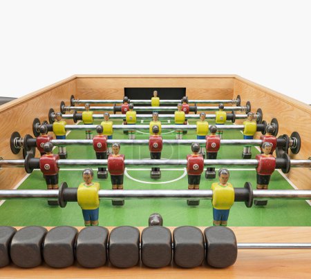 Téléchargez les photos : A vintage wooden foosball table with detailed metal player figurines in yellow and red on an isolated white studio background - 3D render - en image libre de droit
