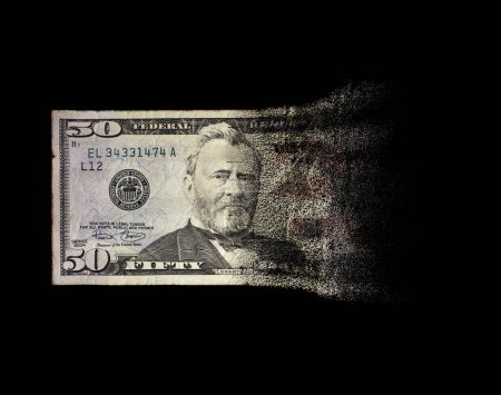 Téléchargez les photos : Une image conceptuelle montrant un billet de banque en papier plat à moitié dissous en dollars américains sur fond de studio sombre - rendu 3D - en image libre de droit