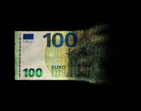 Téléchargez les photos : Une image conceptuelle montrant un billet de banque Euro en papier plat à moitié dissous sur fond de studio sombre - rendu 3D - en image libre de droit