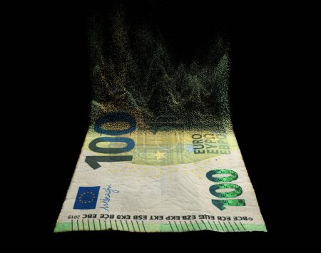 Téléchargez les photos : Une image conceptuelle montrant un billet de banque Euro en papier plat à moitié dissous sur fond de studio sombre - rendu 3D - en image libre de droit