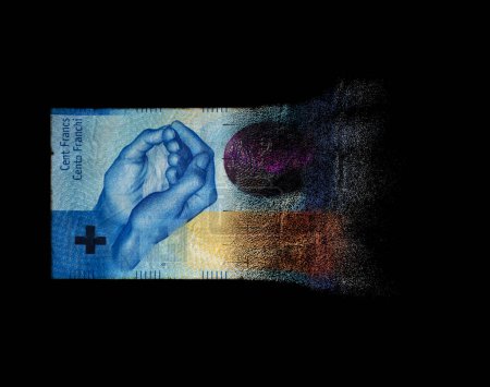 Téléchargez les photos : Une image conceptuelle montrant un billet de banque en franc suisse à moitié dissous sur fond de studio sombre - rendu 3D - en image libre de droit