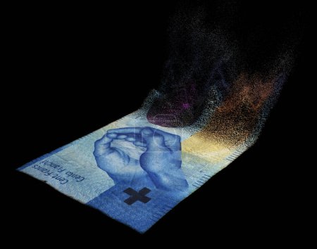 Téléchargez les photos : Une image conceptuelle montrant un billet de banque en franc suisse à moitié dissous sur fond de studio sombre - rendu 3D - en image libre de droit