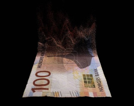 Foto de A concept image showing a half dissolved flat paper kroner bank note on a dark studio background - 3D render - Imagen libre de derechos