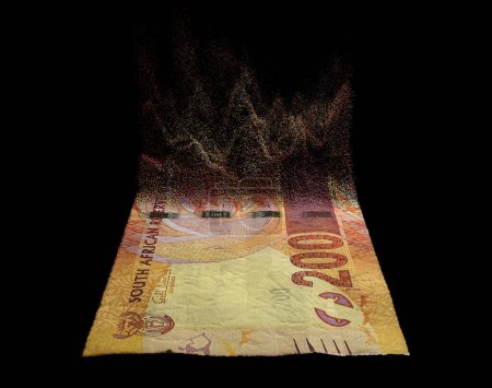 Téléchargez les photos : Une image conceptuelle montrant un billet de banque en rand sud-africain à moitié dissous sur fond de studio sombre - rendu 3D - en image libre de droit