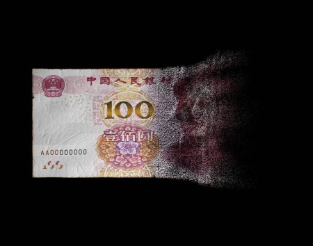Téléchargez les photos : Une image conceptuelle montrant un billet de banque chinois en papier plat à moitié dissous sur un fond sombre de studio - rendu 3D - en image libre de droit