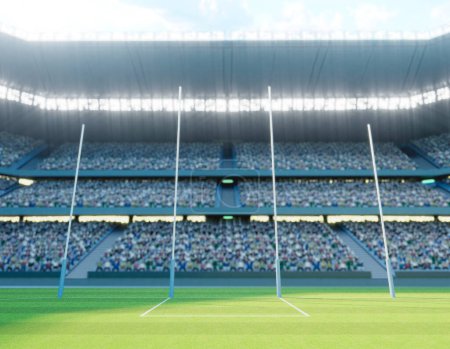 Téléchargez les photos : Un stade aussie règle avec des poteaux sur un terrain d'herbe verte marquée dans la journée - rendu 3D - en image libre de droit