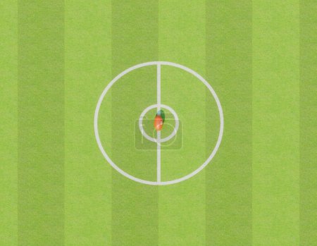 Téléchargez les photos : Une aussie rouge règle la balle sur la ligne centrale d'un stade avec des poteaux sur un terrain d'herbe verte marquée dans la journée - rendu 3D - en image libre de droit