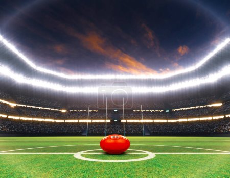 Photo for A red aussie rules ball on the center line of a stadium with posts on a marked green grass pitch at night under illuminated floodlights - 3D render - Royalty Free Image