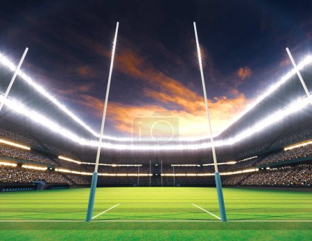 An aussie rules stadium with posts on a marked green grass pitch at night under illuminated floodlights - 3D render