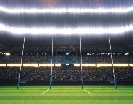 Photo for An aussie rules stadium with posts on a marked green grass pitch at night under illuminated floodlights - 3D render - Royalty Free Image