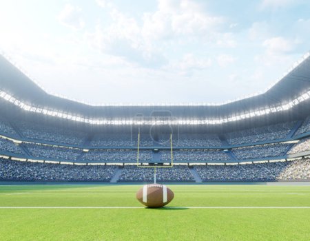 Foto de Un fútbol americano en la línea central en un estadio con postes en un campo de hierba verde marcado durante el día - 3D render - Imagen libre de derechos