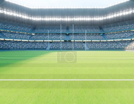 Photo for An aussie rules stadium with posts on a marked green grass pitch in the day time - 3D render - Royalty Free Image