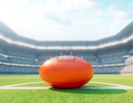 Téléchargez les photos : Une aussie rouge règle la balle sur la ligne centrale d'un stade avec des poteaux sur un terrain d'herbe verte marquée dans la journée - rendu 3D - en image libre de droit