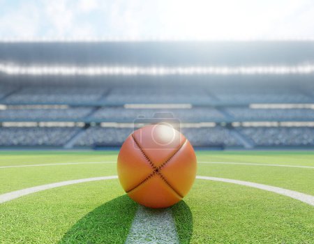 Photo for A red aussie rules ball on the center line of a stadium with posts on a marked green grass pitch in the day time - 3D render - Royalty Free Image