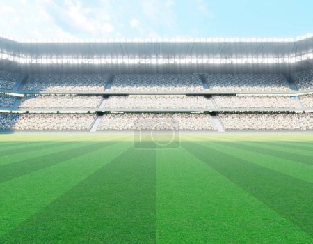 Photo for An aussie rules stadium with posts on a marked green grass pitch in the day time - 3D render - Royalty Free Image