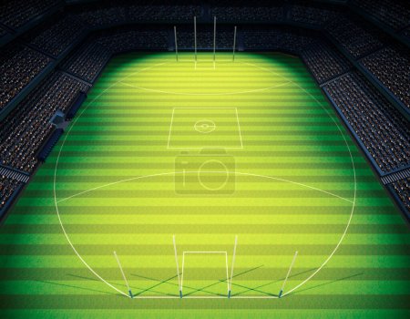 Téléchargez les photos : Un stade de règles aussie avec des poteaux sur un terrain d'herbe verte marquée la nuit sous des projecteurs éclairés - rendu 3D - en image libre de droit