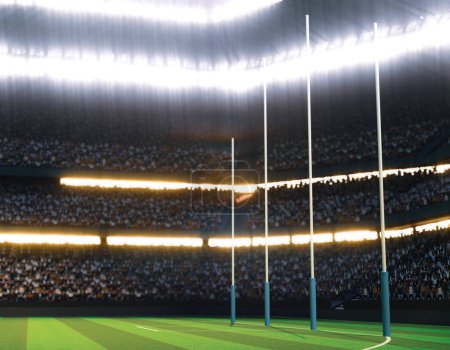 Photo for An aussie rules stadium with posts on a marked green grass pitch at night under illuminated floodlights - 3D render - Royalty Free Image