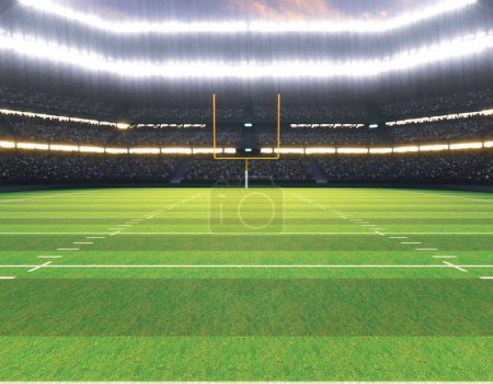 Foto de Un estadio de fútbol americano con postes en un campo de hierba verde marcado por la noche bajo reflectores iluminados - 3D render - Imagen libre de derechos