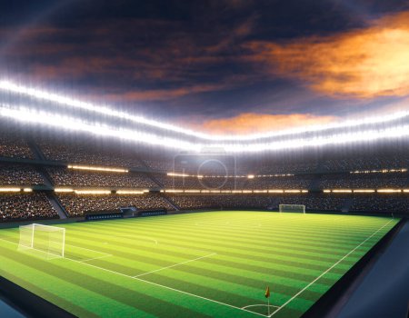 Foto de Un estadio de fútbol con goles en un campo de hierba verde marcado bajo reflectores en la noche - 3D render - Imagen libre de derechos