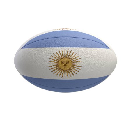 Téléchargez les photos : Une balle de rugby texturée blanche représentant le drapeau argentin sur un fond isolé - rendu 3D - en image libre de droit