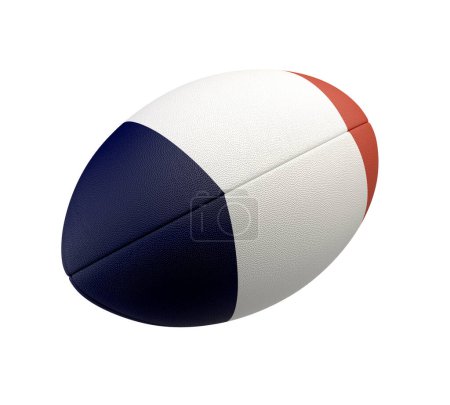 Ein weißer strukturierter Rugby-Ball mit farbigem Design, der die französische Nationalflagge auf einem isolierten Hintergrund darstellt - 3D-Renderer
