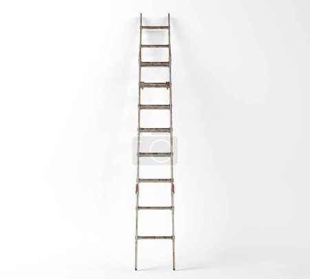A regular metal aluminium extendable step ladder leaning against a white studio background - 3D render