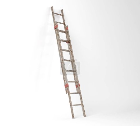 Eine normale ausziehbare Leiter aus Aluminium, die sich an einen weißen Studiohintergrund lehnt - 3D-Render