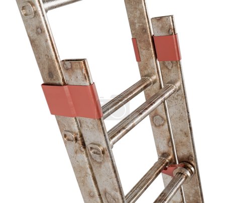 Foto de Una escalera de escalera extensible de aluminio metálico regular apoyada sobre un fondo de estudio blanco - 3D render - Imagen libre de derechos