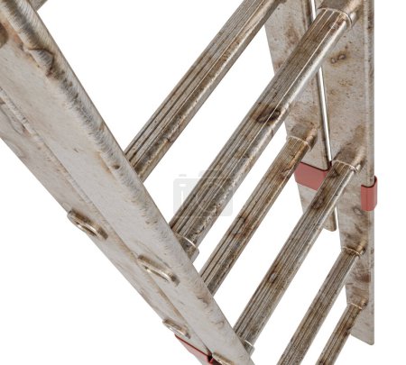 Foto de Una escalera de escalera extensible de aluminio metálico regular apoyada sobre un fondo de estudio blanco - 3D render - Imagen libre de derechos