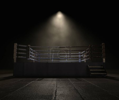 A modern boxing ring with opposing blue and red corners spotlit on a dark and ominous isolated background - 3D render