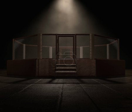 A modern MMA ring spotlit on a dark and ominous isolated background - 3D render