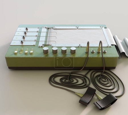 Téléchargez les photos : Une machine rétro détecteur de mensonges polygraphe avec des sondes de fixation des doigts sur un fond studio non isolé - rendu 3D - en image libre de droit