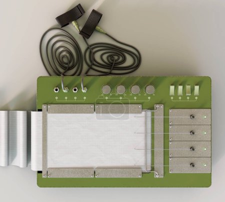 Téléchargez les photos : Une machine rétro détecteur de mensonges polygraphe avec des sondes de fixation des doigts sur un fond studio non isolé - rendu 3D - en image libre de droit