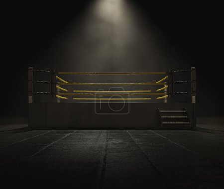 A modern wrestling ring with yellow ropes spotlit on a dark and ominous isolated background - 3D render