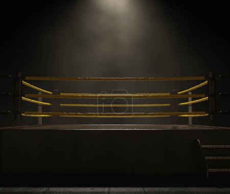 Un moderno anillo de lucha libre con cuerdas amarillas iluminadas sobre un oscuro y ominoso fondo aislado - 3D render