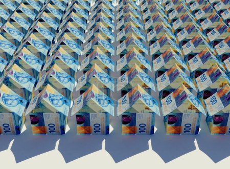 Ein Konzept von Franken-Banknoten gefaltet in der Form einer Masse von einfachen Häusern auf einem isolierten Hintergrund - 3D-Render