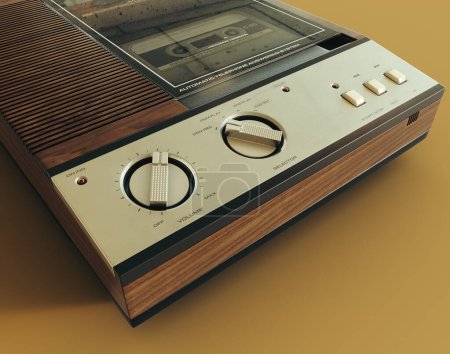 Ein analoger Anrufbeantworter aus den 80er Jahren aus Holz und Chrom auf einem isolierten senfgelben Hintergrund - 3D-Render